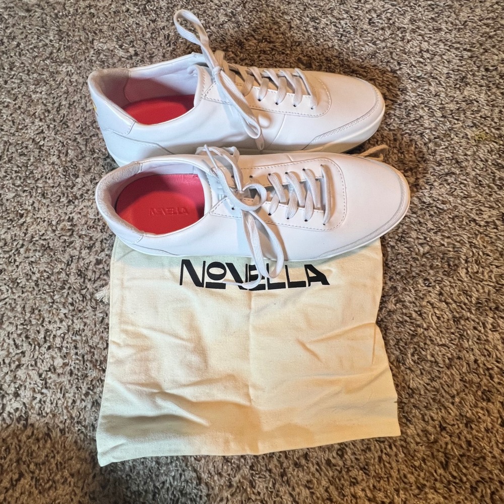 Novella Mens White‎ Leather Low Top Sneakers Size 10 Gold Embroidery No 2 1203